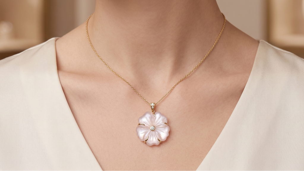 Rose Quartz Flower Pendant with Diamonds
