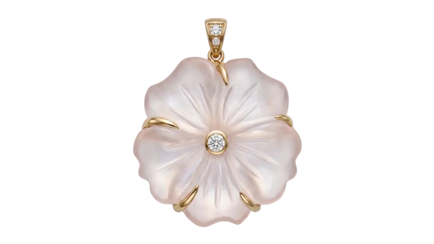 Rose Quartz Flower Pendant with Diamonds
